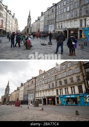 Composite photos of Edinburgh's Royal Mile on 14/03/20, and on Saturday (21/03/20) after bars, pubs and restaurants were instructed to close. Prime Minister Boris Johnson put the UK in lockdown on Monday night to help curb the spread of the coronavirus. Stock Photo