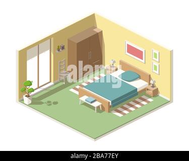 Isometric bedroom with bed, cupboard and other furniture. Vector illustration with separate layers. Stock Vector