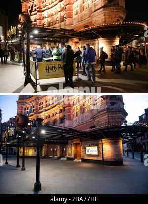 Composite photos of ticket holders for Harry Potter and the Cursed Child in line outside the Palace Theatre, London on 12/03/20 (top), and the theatre on Tuesday 24/03/20 (bottom), the day after Prime Minister Boris Johnson put the UK in lockdown to help curb the spread of the coronavirus. Stock Photo