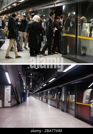 A composite image of London's Canary Wharf Jubilee Line platform on 31/01/13 (top), and on Tuesday 24/03/20 (bottom), the day after Prime Minister Boris Johnson put the UK in lockdown to help curb the spread of the coronavirus. Stock Photo