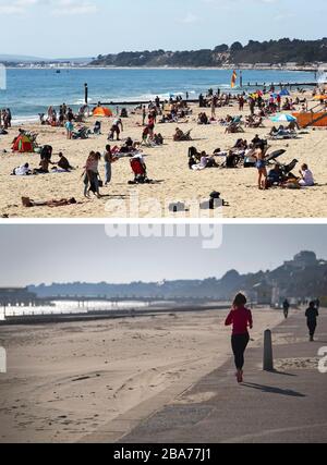Composite photos of Bournemouth beach on 14/09/19 (top), and on Monday 23/03/20 (bottom), the day Prime Minister Boris Johnson put the UK in lockdown to help curb the spread of the coronavirus. Stock Photo