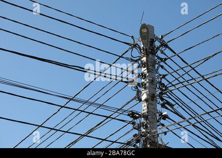 The mainstay of transmission lines with many wires is fiber optic internet. Stock Photo