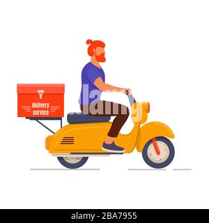 Delivery man riding a yellow scooter Stock Vector