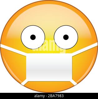 Sick emoticon wearing a medical mask. Yellow emoji wearing a medical mask with eyes wide open and small pupils from fear of viruses, germs, pandemic a Stock Vector