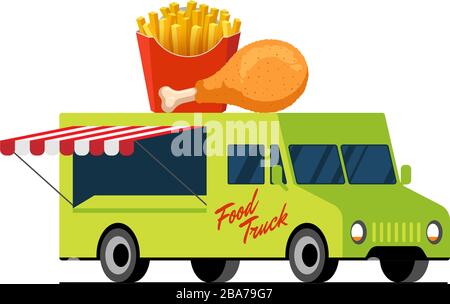 Fast food green truck. Fried chicken and french fries on van roof. Crispy potato and roast poultry meat car delivery service or festival on street cuisine wheels vector flat isolated illustration Stock Vector