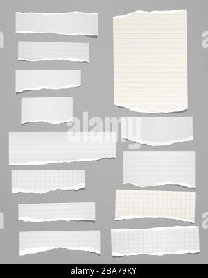 Torn of vertical white, lined note, notebook paper strips, pieces stuck on grey background. Vector illustration Stock Vector