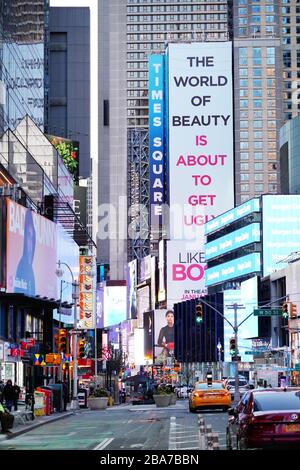 General overall view of Times Square in the wake of the coronavirus COVID-19 pandemic outbreak, Sunday, March 15, 2020, in New York. (Photo by IOS/Espa-Images) Stock Photo