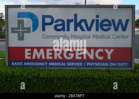 General overall view of signage outside Parkview Community Hospital on, Wednesday, March 25, 2020, in Riverside, California, USA. (Photo by IOS/Espa-Images) Stock Photo