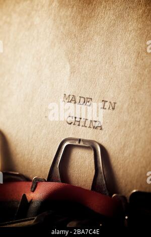 The sentence, Made in China, written with a typewriter. Stock Photo