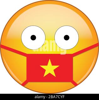 Yellow scared emoji in Vietnamese medical mask protecting from SARS, coronavirus, bird flu and other viruses, germs and bacteria and contagious diseas Stock Vector