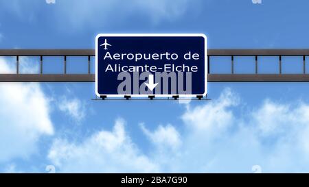 Alicante Spain Airport Highway Road Sign 3D Illustration Stock Photo