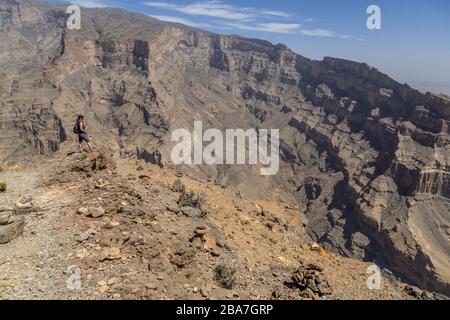 View of Jebel Shams looking down in to Wadi Ghul in the northern mountains in Oman. Stock Photo