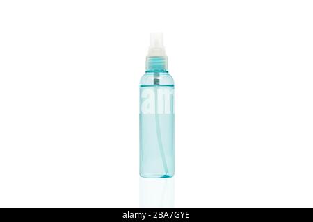 sanitizer alcohol spray in transparent plastic bottle spray injection isolated on white background for disinfection, prevent spread of germs during in Stock Photo