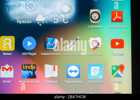 Ryazan, Russia - March 21, 2018 - Icons of mobile apps on a display of tablet. Stock Photo