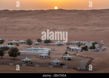 The Desert Nights Resort near the town of Shahiq in Oman, surrounded by the sand dunes of the Wahiba desert. Luxury camping style tourist resort. Stock Photo