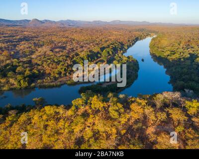 A sunrise over the Mazowe river seen from a drone. Stock Photo