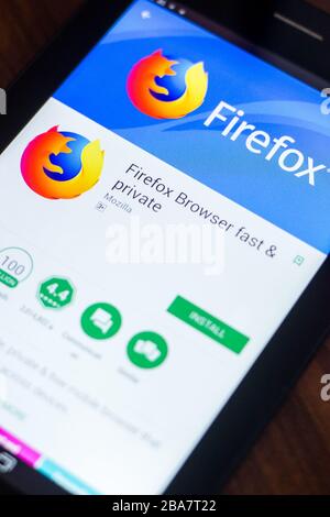 Ryazan, Russia - March 21, 2018 - Mozilla Firefox browser mobile app on the display of tablet PC Stock Photo