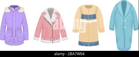 Set of flat vector women's outerwear. Sheepskin coat, faux fur coat, parka, coat. Stock Vector