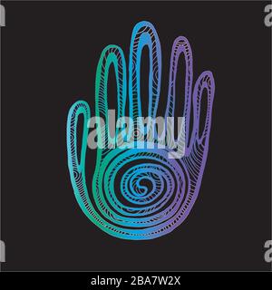 Color neon illustration Palm with spiral ornament. The idea for a tattoo. Stock Vector