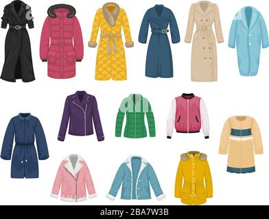 Set of flat vector women's outerwear. Trench coat, raincoat, overcoat, quilted coat, bomber, fur coat, sheepskin coat, leather jacket. Stock Vector