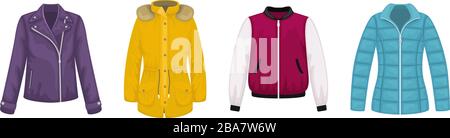 Set of flat vector women's outerwear. Leather jacket, bomber jacket, parka, jacket. Stock Vector
