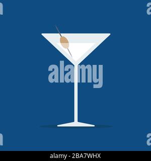 Flat martini cocktail glass with olive isolated on classic blue background. Illustration of alcohol drinks in glass. Vector template icon Stock Vector