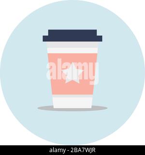 Flat paper coffee cup in the blue circle isolated on white background. Illustration of hot coffee drinks. Vector template icon for design or website. Stock Vector