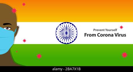 Man face with protective mask surrounded with corona virus. Prevent Yourself from Covid-19 with Indian flag banner. Stock Vector