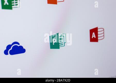 Ryazan, Russia - April 16, 2018 - Logos of Microsoft programms on the display of PC Stock Photo