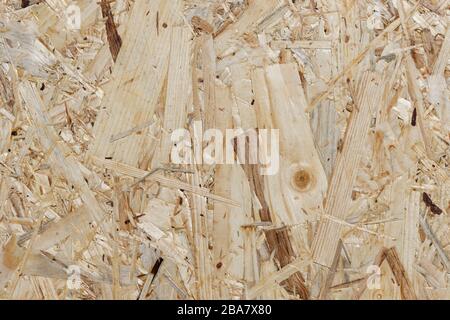 OSB Construction Wood Background - Detail: closeup section of an oriented strand board, made of different kinds of softwood strands Stock Photo
