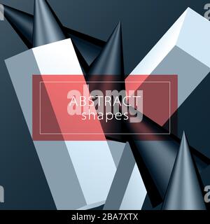 Abstract 3D vector background. Cone and parallelepiped on black background. Blue toned illustration. Primitive geometrical figures Stock Vector