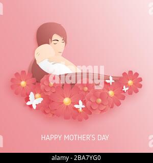 Happy mothers day poster or banner with woman hug her baby and flowers on background in paper cut style. Stock Vector