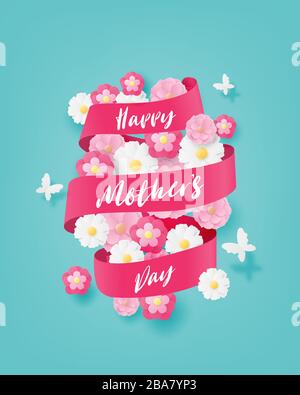 Happy mother's day greeting card or poster with flower and butterfly in paper cut style. Digital craft paper art. Stock Vector