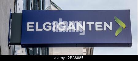 Aarhus, Denmark - 24 March 2020: The logo of the Elgiganten building in Aarhus. Stock Photo