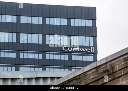 Aarhus, Denmark - 24 March 2020: The logo of the Comwell building in Aarhus. Stock Photo