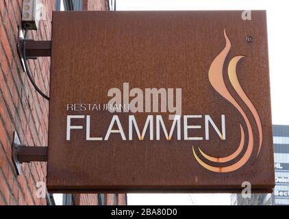 Aarhus, Denmark - 24 March 2020: The logo of the Flammen building in Aarhus. Stock Photo