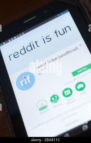 Ryazan, Russia - April 19, 2018 - Reddit is Fun mobile app on the display of tablet PC Stock Photo