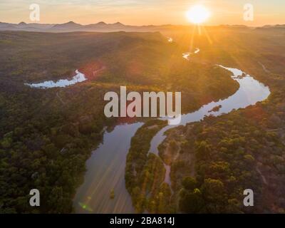 A sunrise over the Mazowe river seen from a drone. Stock Photo