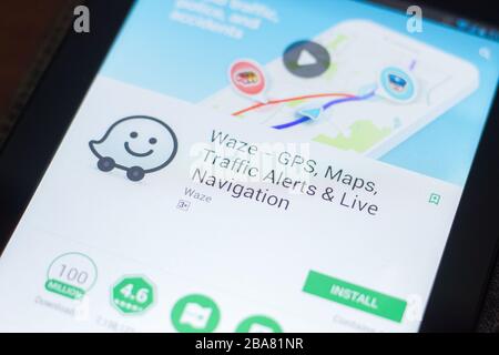 Ryazan, Russia - April 19, 2018 - Waze mobile app on the display of tablet PC Stock Photo