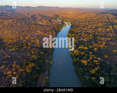 A sunrise over the Mazowe river seen from a drone. Stock Photo