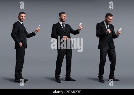 collage of happy businessman using smartphone on grey, evolution concept Stock Photo