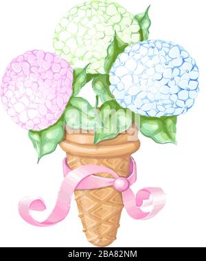 vector illustration holiday greeting card ,hydrangea flowers in ice cream Stock Vector