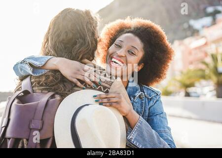 Girlfriend hugging her boyfriend - Couple of lovers having tender moments during romantic vacations - Relationship, emotions and travel concpet - Focu