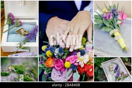 Wedding details collage - rings, flowers and bouquets Stock Photo