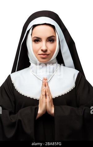 Beautiful Nun Praying With Hands Together Isolated On White Stock Photo 