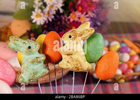 Rabbit Toy and Colorful Paschal Easter Eggs Stock Photo
