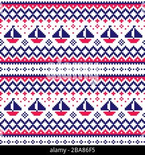 Nautical Scottish Fair Isle style traditional knitwear vector seamless pattern with boats in navy blue and red Stock Vector