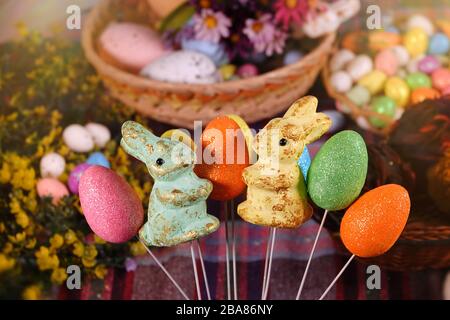 Rabbit Toy and Colorful Paschal Easter Eggs Stock Photo