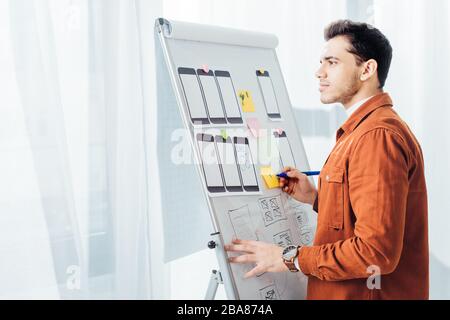 Side view of creative designer planning project of user experience design with frameworks on whiteboard in office Stock Photo
