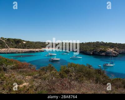 Mondragó Natural Park Mallorca Spain June 1 2019looking towards a small covewith yachts and power boats anchored up Stock Photo